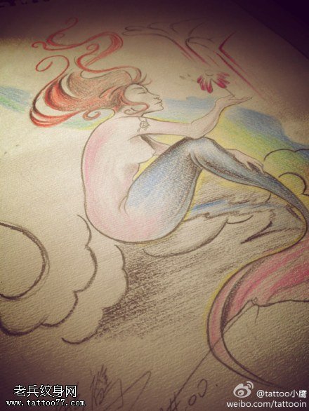 彩色美人鱼纹身手稿图