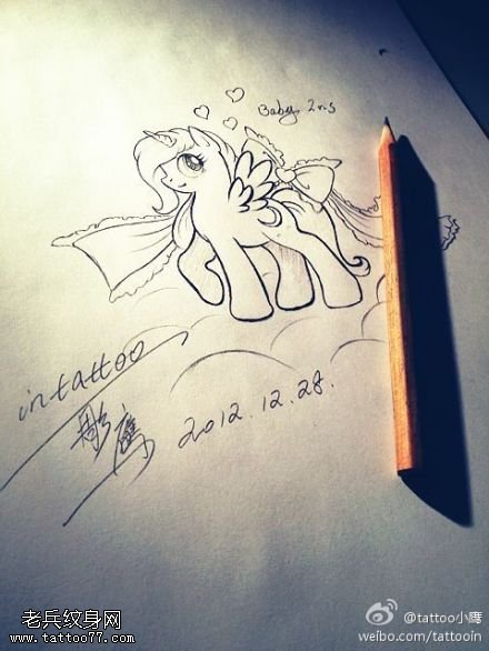 独角兽蝴蝶结纹身手稿图案