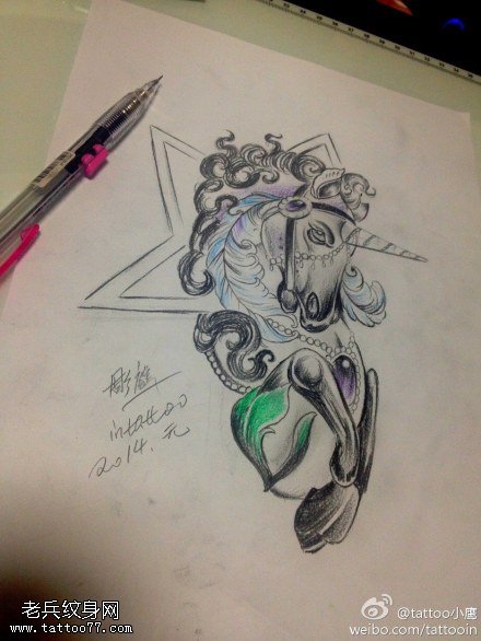 五角星独角兽纹身图案