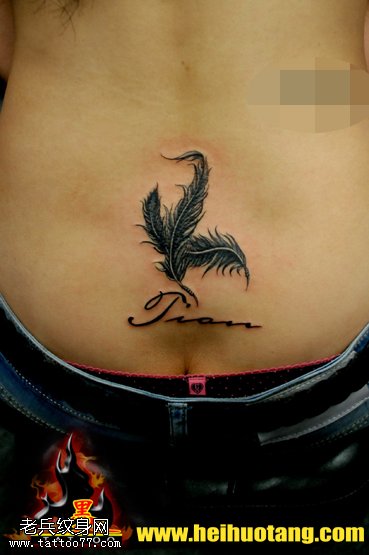 腹部英文花体羽毛纹身图案