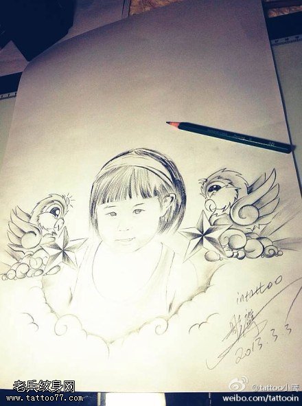 肖像燕子五角星纹身手稿图案