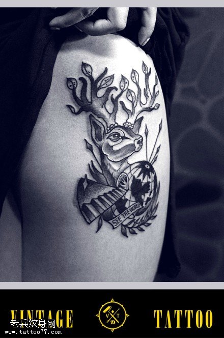 腿部羚羊地球仪纹身图案