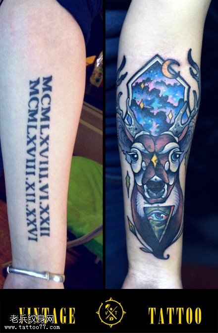 手臂彩色星空上帝之眼羚羊纹身图案