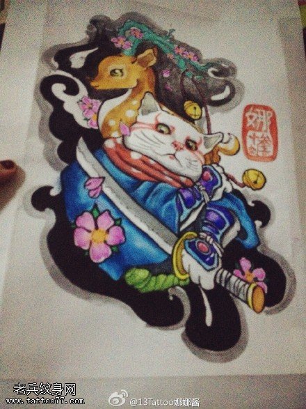 武士招财猫鹿纹身手稿图案