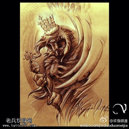 个性猫头鹰钥匙纹身手稿图案