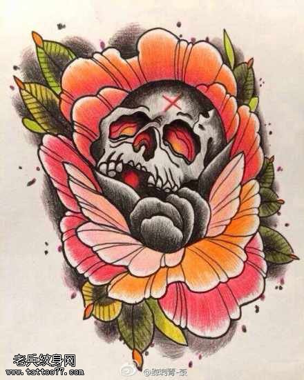 彩色骷髅玫瑰纹身手稿图案