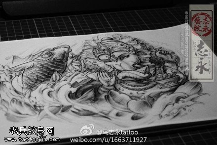 象神鲤鱼纹身手稿图案