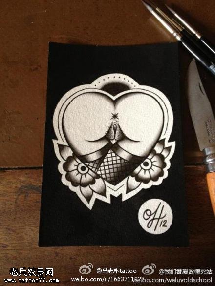 性感的屁屁爱心花纹身手稿图案