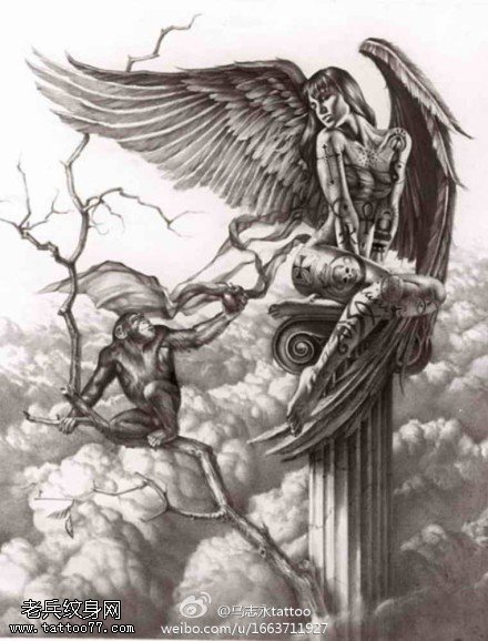 天使猴子纹身手稿图案