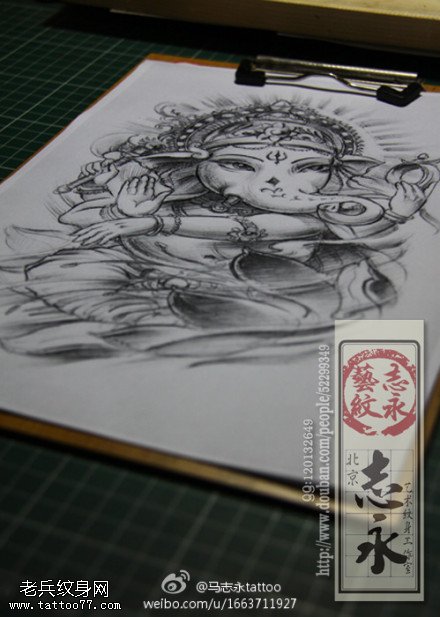 素描象神纹身手稿图片