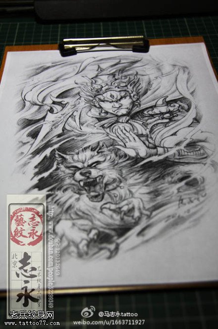 个性素描二郎神纹身手稿图片