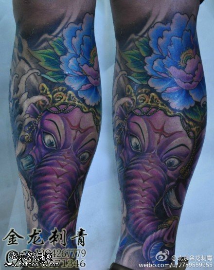 腿部宝蓝色美艳大花象神纹身图案