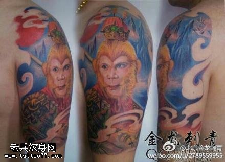 腿部橘黄色明黄有神孙悟空纹身图案