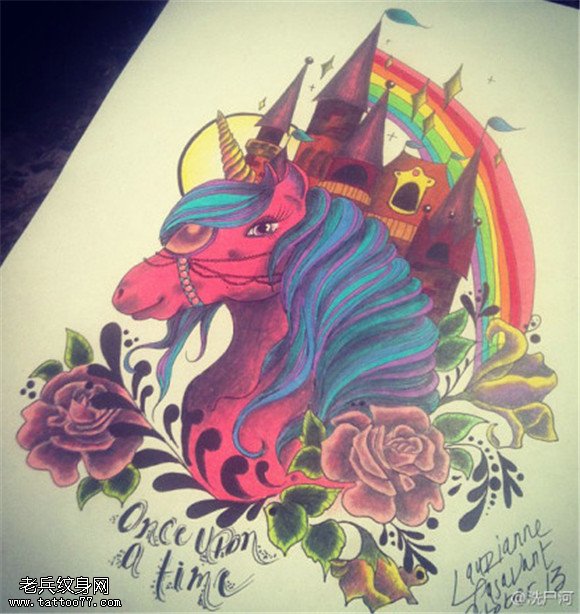 一组彩色个性欧美独角兽纹身手稿图案