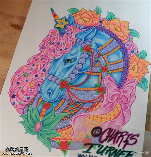 一组彩色个性欧美独角兽纹身手稿图案