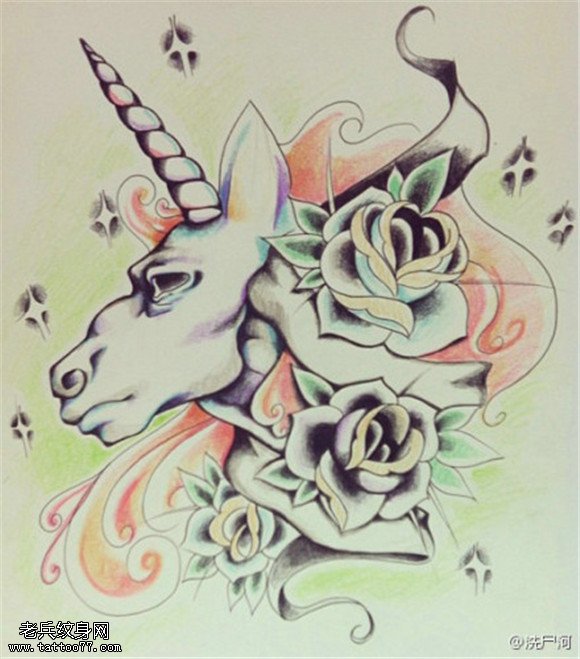 一组彩色个性欧美独角兽纹身手稿图案