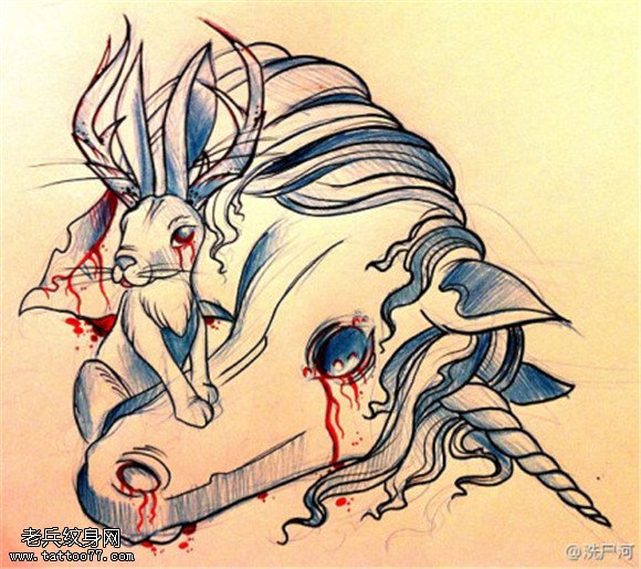 独角兽兔子纹身手稿图片