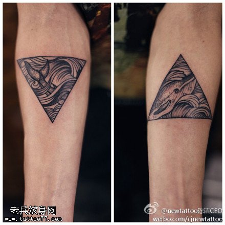 腿部左进右出鲸鱼纹身图案