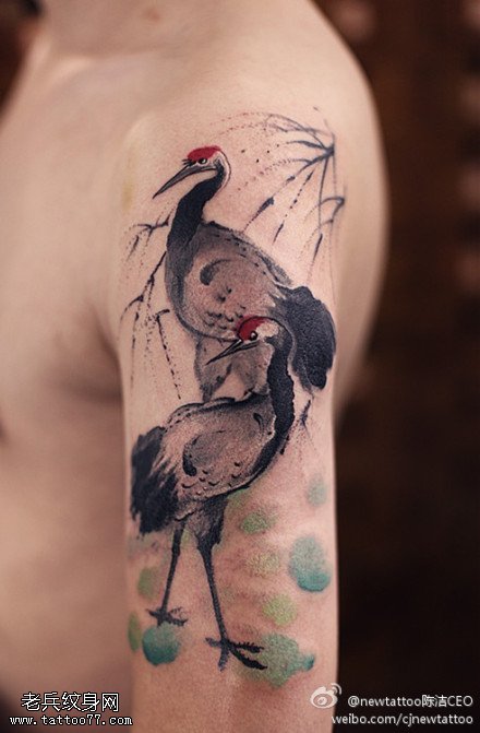 胳膊松鹤延年图纹身图案