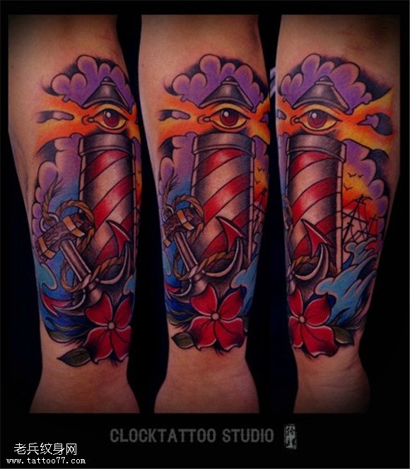 手臂彩色灯塔船锚纹身图案