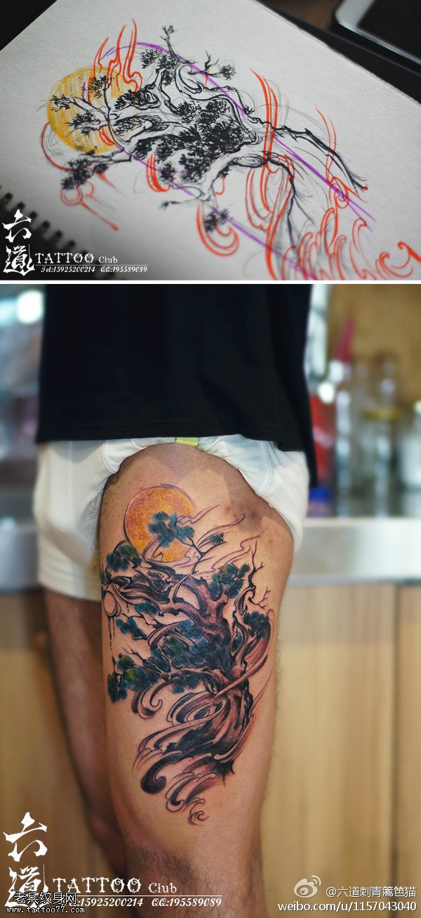 中国风月下迷离松树纹身图案