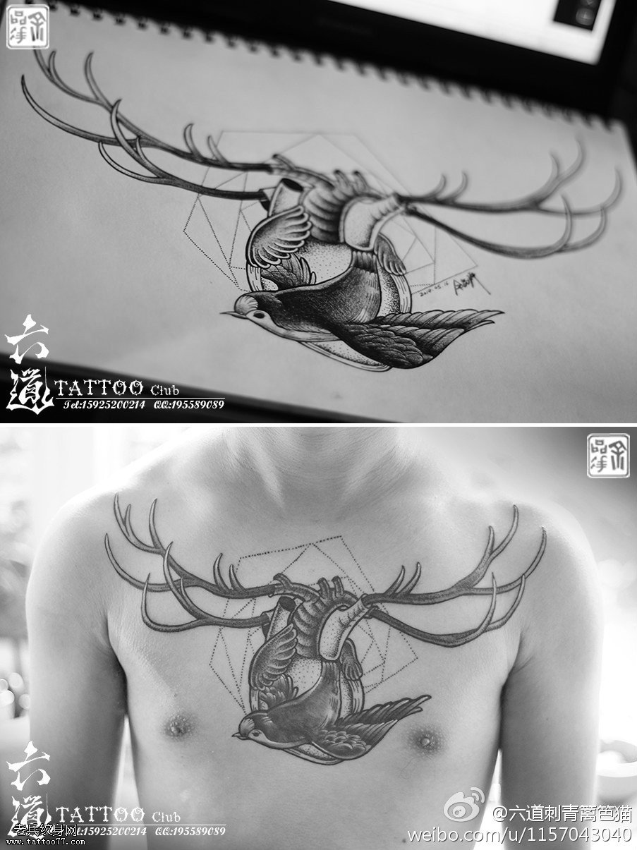 心生鹿角我心如飞翼鸟纹身图案