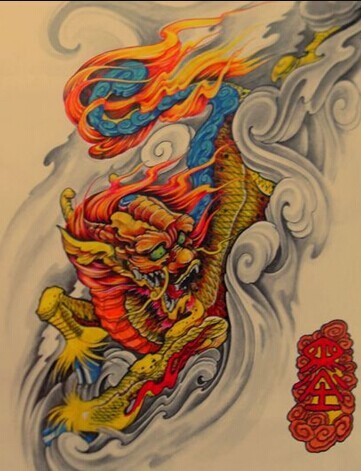 一款经典的麒麟纹身手稿素材