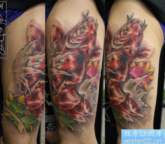 手臂上彩色锦鲤荷花纹身