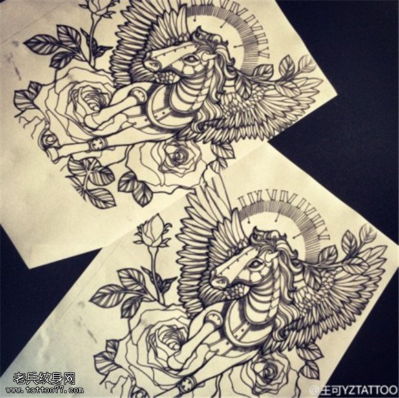 玫瑰花马翅膀纹身手稿图片