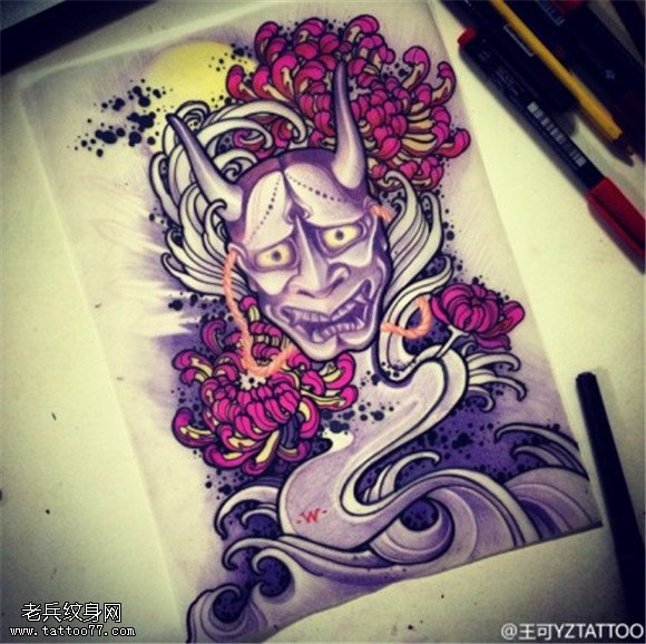 彩色传统般若菊花纹身手稿图片