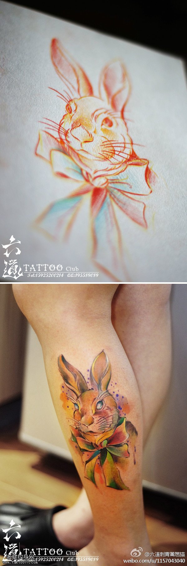 腿部五彩二次元爱丽丝兔子纹身图案