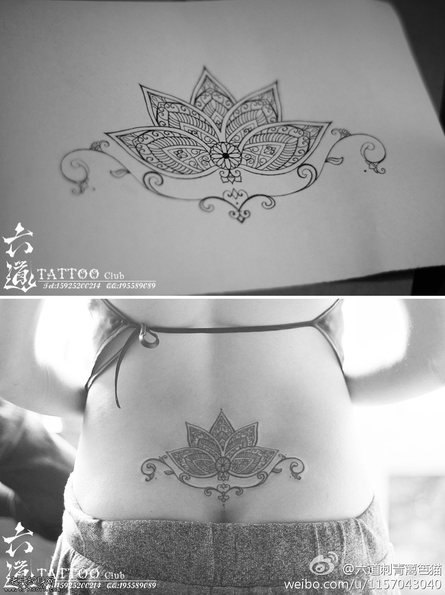 后腰流苏点刺梵花纹身图案