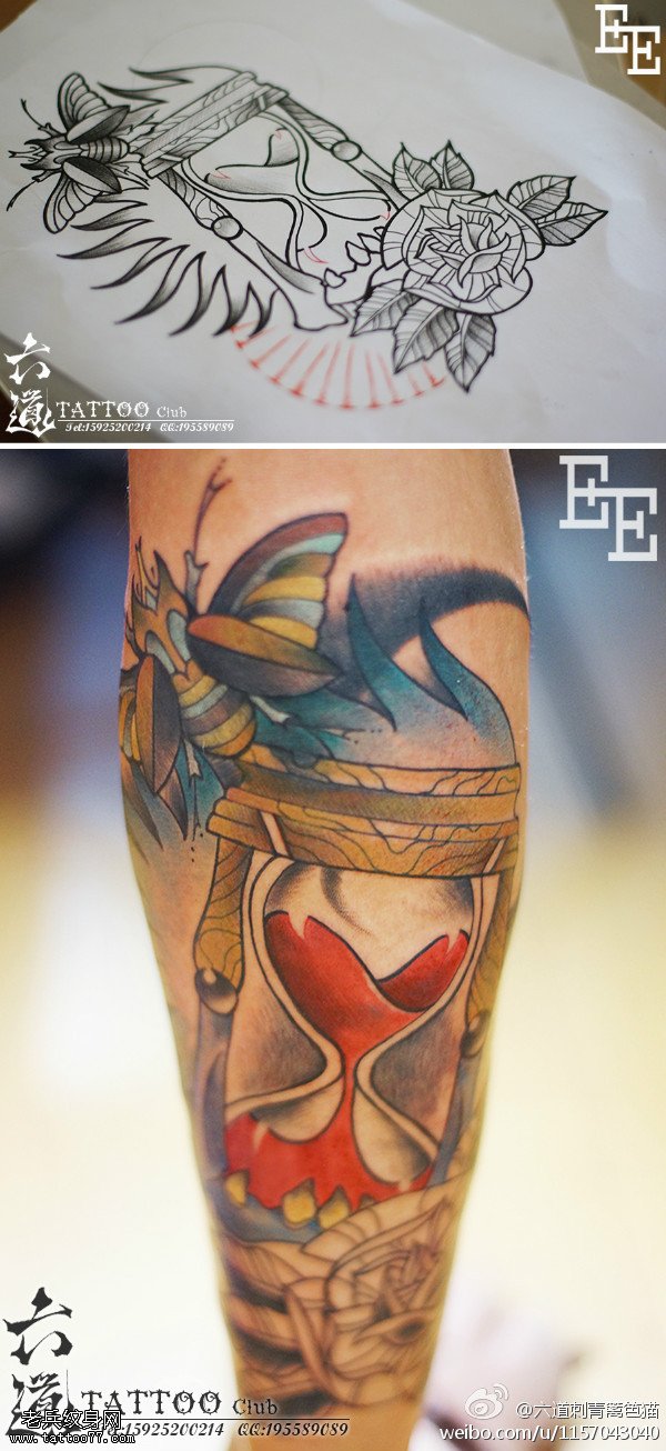 腿部甲壳虫加沙漏纹身图案