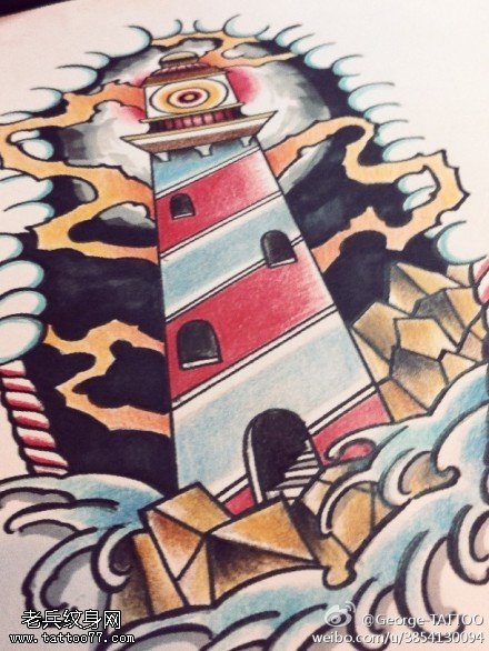 彩色个性灯塔纹身手稿图片