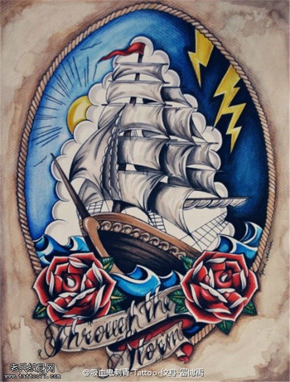 school彩色帆船玫瑰花纹身手稿图片