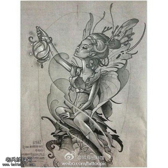黑灰素描天使精灵纹身手稿图片