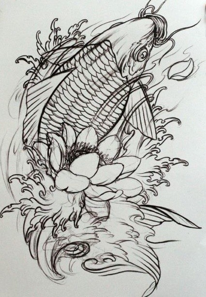 线条感的鲤鱼纹身手稿