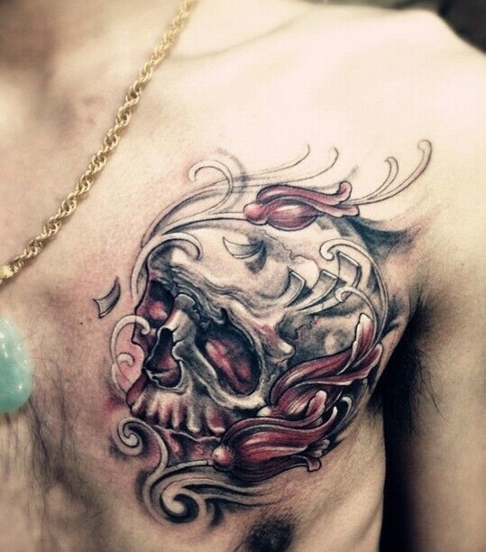 男士胸部超级帅气的骷髅纹身