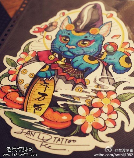 彩色招财猫纹身手稿图片