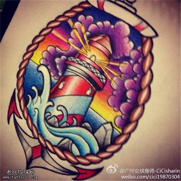 彩色个性school灯塔纹身手稿图片