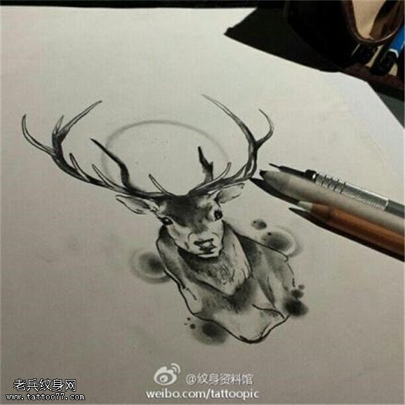 黑灰素描个性羚羊纹身手稿图片