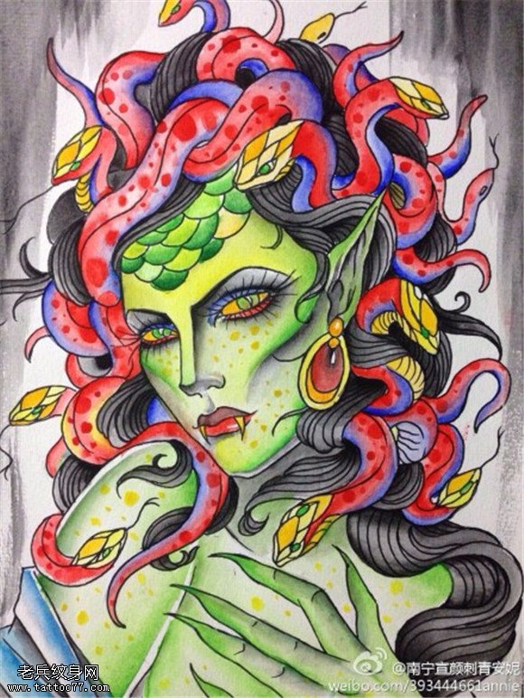 彩色美杜莎纹身手稿图片