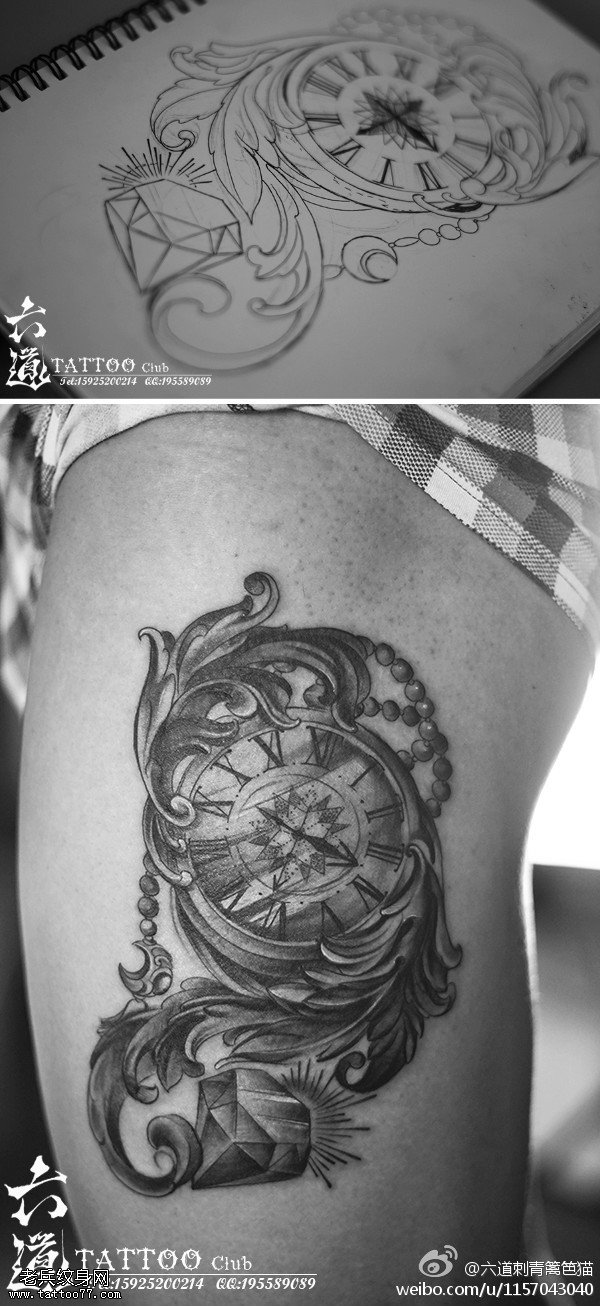 宝石羽翼时钟纹身图案