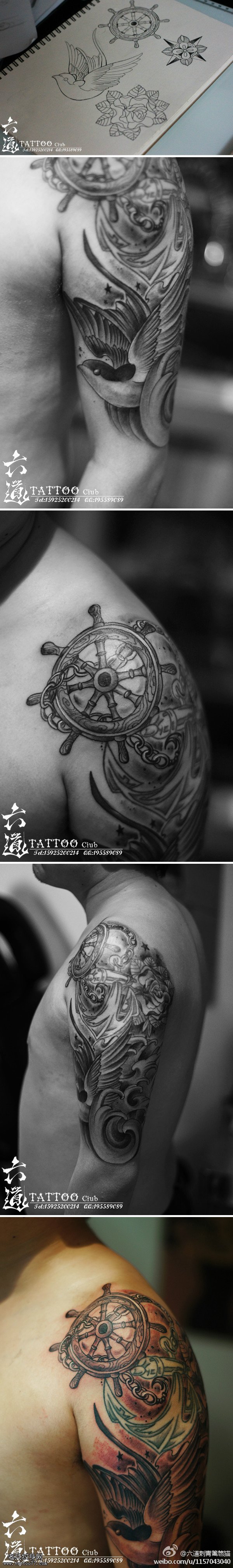 黑红手臂水手方向舵飞鸟纹身图案