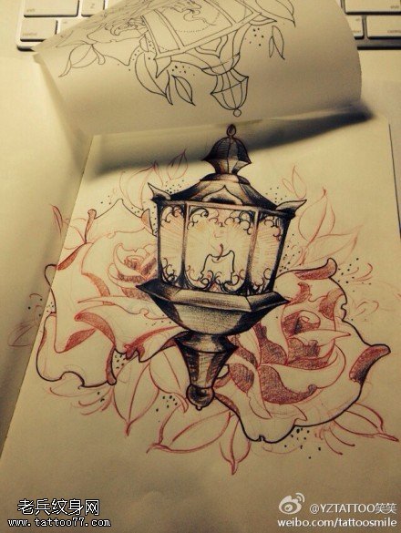 彩色灯塔玫瑰纹身手稿图片