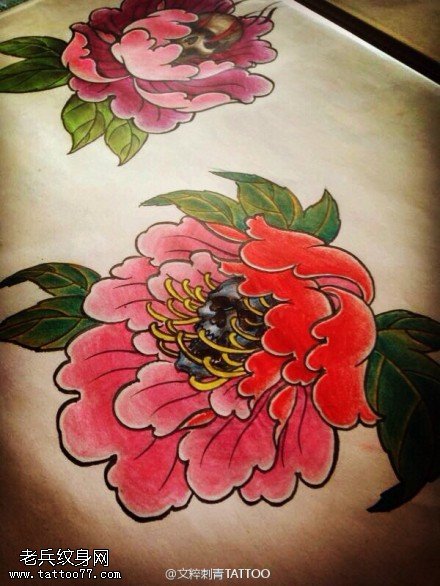 彩色个性国花牡丹纹身手稿图片