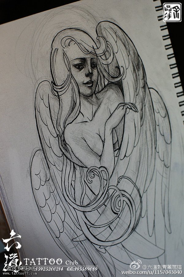 素描手稿天使纹身图案