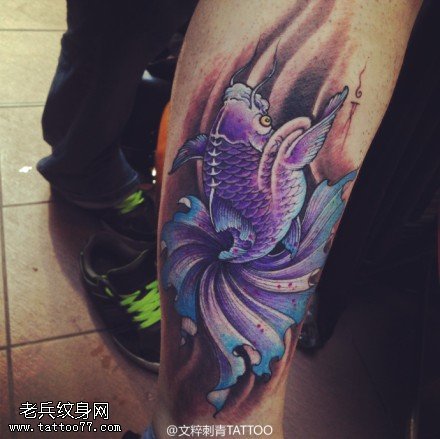 手臂彩色金鱼纹身图片