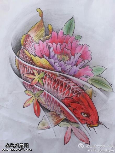 彩色鲤鱼牡丹纹身手稿图片
