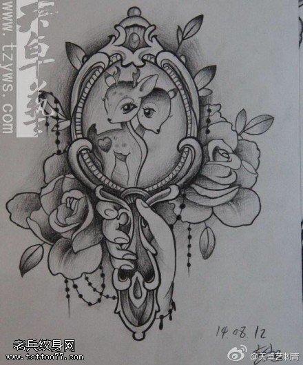 玫瑰花镜子鹿纹身手稿图片